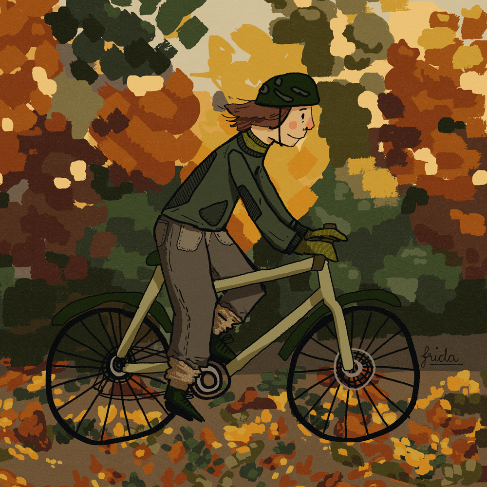 Digital illustration of bicyclist surrounded by autumn leaves