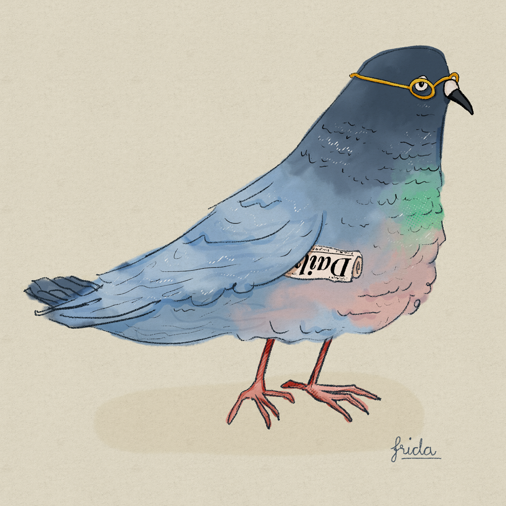 Digital illustration of a pigeon with glasses carrying a newspaper
