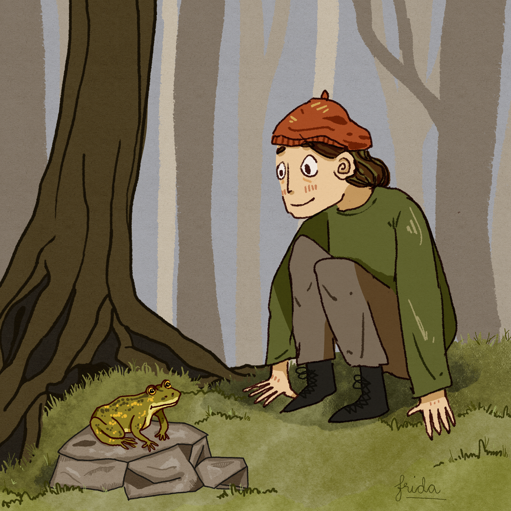 Digital illustration of Frida smiling at a frog in the woods