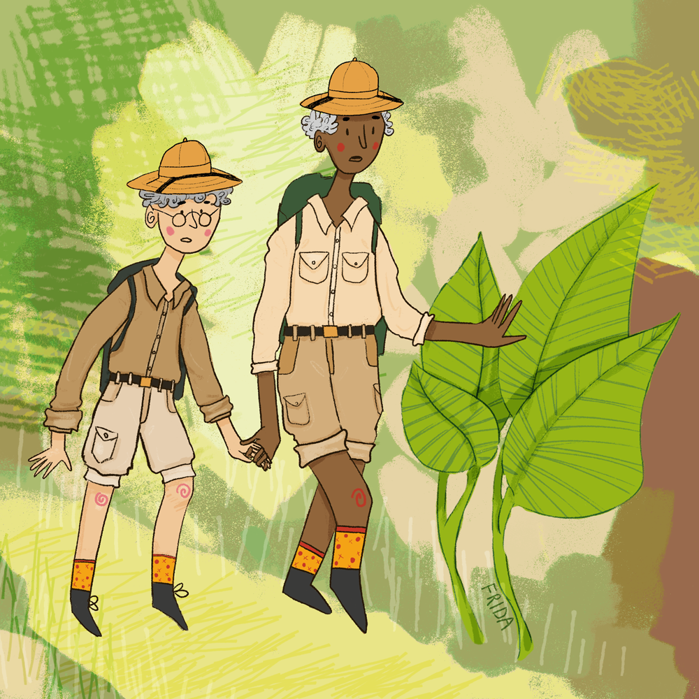 Digital illustration of a couple holding hands walking in a jungle