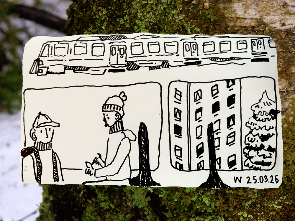 Sketch of people on a train with a lichen photo as background